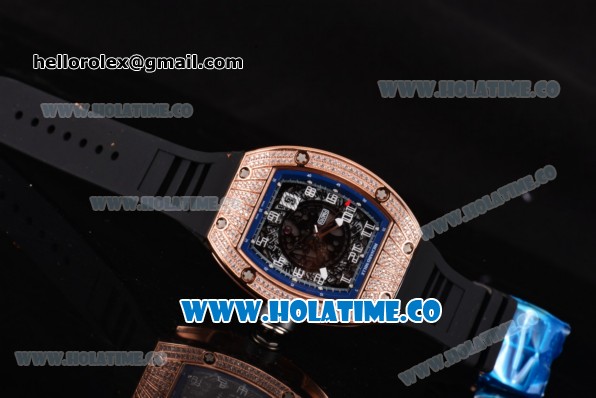 Richard Mille RM010 Miyota 9015 Automatic Rose Gold/Diamonds Case with Skeleton Dial and Blue Inner Bezel - Click Image to Close